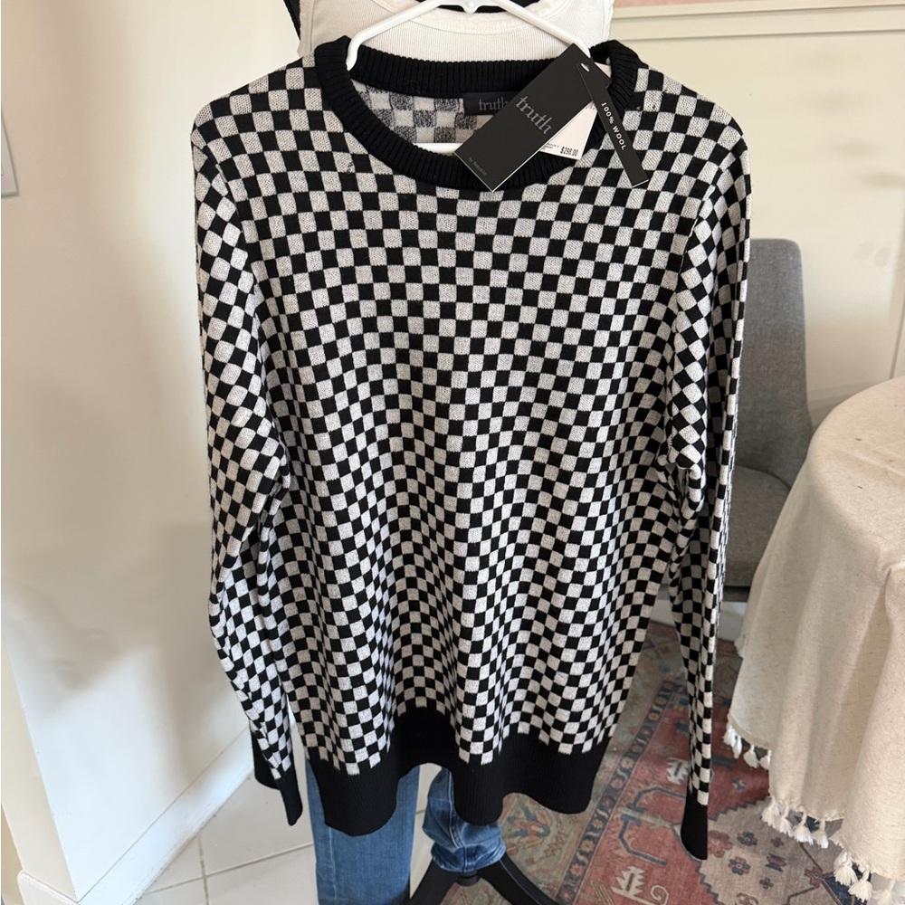 Truth by Republic Men's Medium Black/White Wool Checkered Sweater MSRP $298 NWT